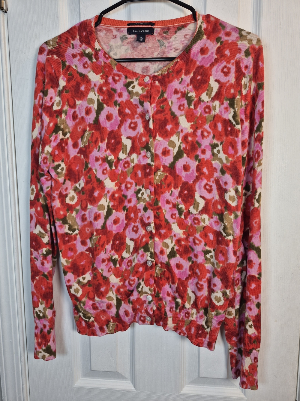 Lands' End Floral Supima Cotton Cardigan Sweater M Grandmacore Preppy Red Pink